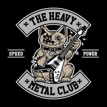 The Lucky Cat Mascot Character Design with Electric Guitar Hand Drawing Vector Illustration in Patch Design The Heavy Metal Club