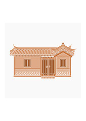 Editable Vector Illustration of Wide Traditional Hanok Korean House Building in Flat Monochrome Style for Artwork Element of Oriental History and Culture Related Design