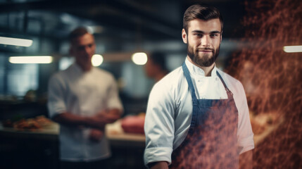 Fototapeta premium Meat with Chef on background. Preparing meat before baking. Working environment in the kitchen of a restaurant.