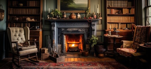 Fireplace and some household items and books in an old house - obrazy, fototapety, plakaty