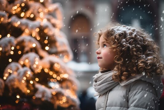 girl standing near christmas tree in city, christmas market. AI Generated Images