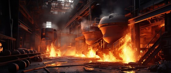 Steel-making furnaces at work in a large steel plant - obrazy, fototapety, plakaty