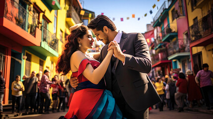 
couple dancing tango in the neighborhood of La Boca, Buenos Aires, Argentina, local culture and tradition, life in Latin America