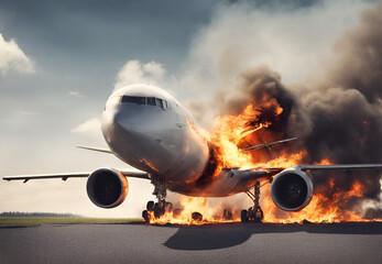 Plane Crash, 
Plane Crashing, 
Plane Crash Fire, 
Burning airplane on fire accident in international airport - obrazy, fototapety, plakaty