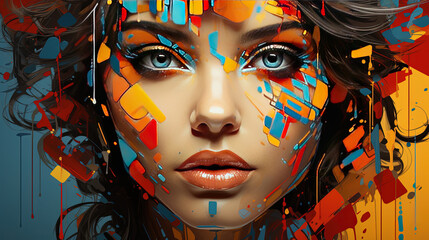 Colorful Oil Painting of A Beautiful Retro Fashionable Young Girl Portrait Abstract Background