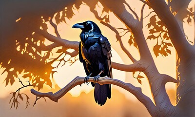 Raven Perched on a Branch: Isolated, Transparent Background, Created with Generative AI