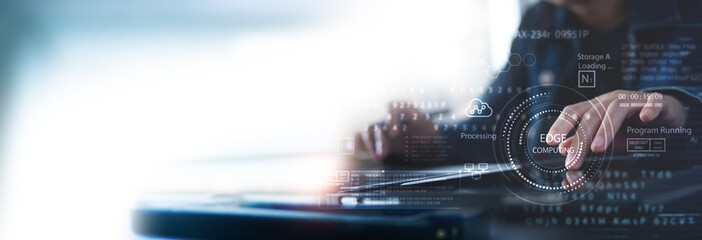 Cloud and Edge computing concept. Modern IT technology on virtual screen, data backup with Edge computing industry 4.0, cloud storage innovative background. Internet of things. Digital technology