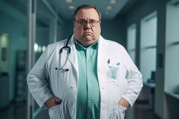 Overweight or fat doctor in uniform with stethoscope.