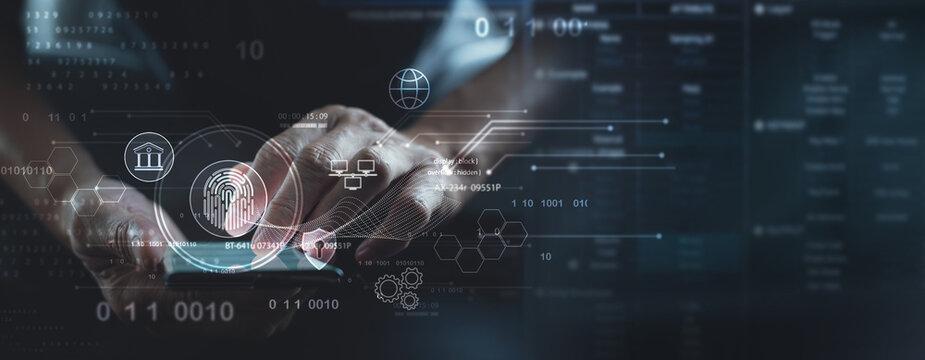 Cyber security network. Data protection concept. Business man using mobile phone for digital banking with fingerprint biometric network security technology, cloud computing, data encryption