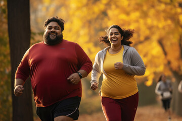 Fototapeta premium Overweight or fat couple running or jogging together at park.