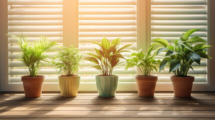 Three potted plants sitting on a wooden floor