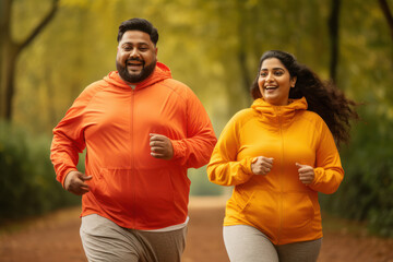 Overweight or fat couple running or jogging together at park. - obrazy, fototapety, plakaty