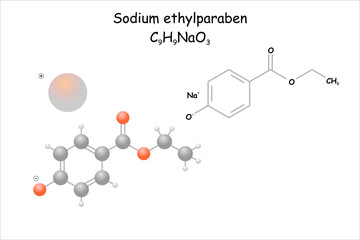 Sodium ethylparaben. Stylized molecule model and structural formula.