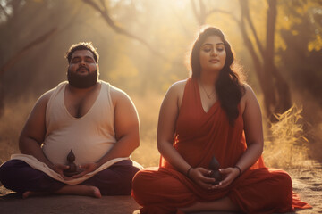 Overweight or fat couple doing yoga or meditation together at park