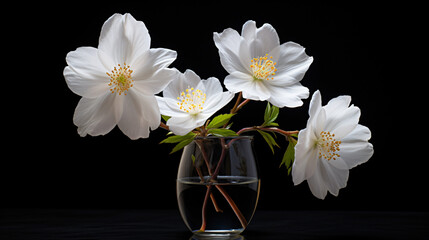 Three white flowers are in a vase