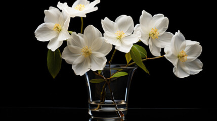 Three white flowers are in a vase