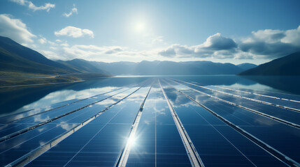 Floating solar panels on reservoirs. Solar Floating. Solar Cells Floating. - obrazy, fototapety, plakaty