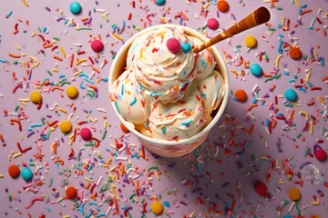 Creamy ice cream scoop in cup surrounded by colorful candy sprinkles on lavender background.