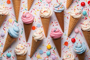 Assorted ice cream cones, each with unique colors and toppings, surrounded by candy and sprinkles. - obrazy, fototapety, plakaty