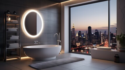 Modern bathroom interior with city view with mirror - obrazy, fototapety, plakaty
