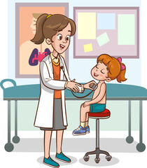 Pediatrician examining a little girl with stethoscope. Vector illustration.