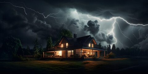 A storm in the sky with a house and lightning.Storm, Sky, House, Lightning, Weather, Thunderstorm, Nature,