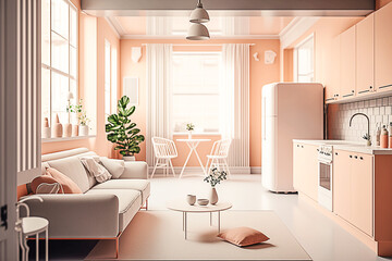 Fototapeta premium Modern light cozy spacious apartment in light peach colors. Generative AI 