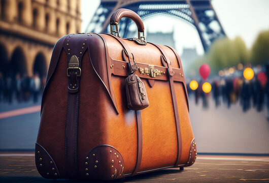 Fototapeta Stylish leather suitcase on the streets of Paris. Travel concept. Generative AI 