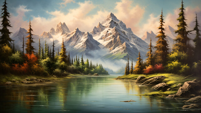 A painting of a mountain lake with a mountain range