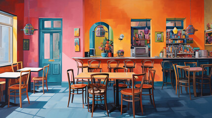 Fototapeta na wymiar A painting of a restaurant with colorful walls