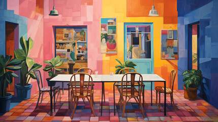 A painting of a restaurant with colorful walls