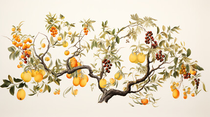 A painting of a tree with fruit on its branches