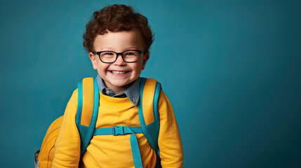 Handsome 10 yo little boy in glasses is surprised, inspired, copy space, isolated on blue background