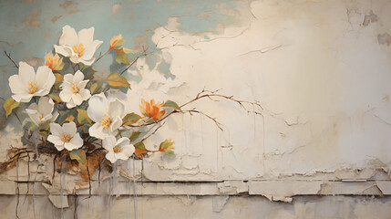 A painting of flowers and leaves on a wall