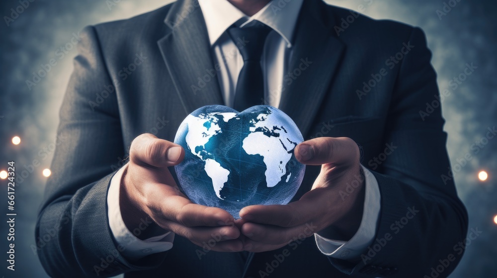 Poster a person with a globe and a heart, emphasizing global responsibility and ethical business conduct