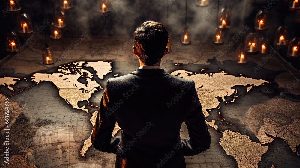 Poster a person with a map, symbolizing the exploration of new markets in business development