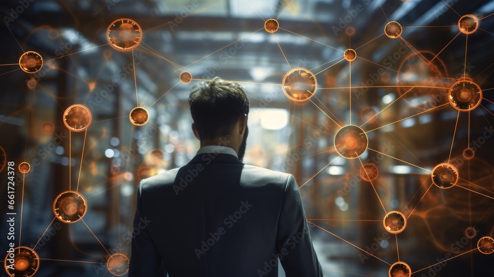 Aufkleber A person with interconnected supply chain nodes, emphasizing the complexity of supply chain management