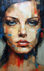 Beautiful Dramatic Young Girl Portrait Painting Geometric Brush Strokes Background