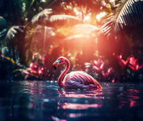 Single pink flamingo floating in tropical lake water 