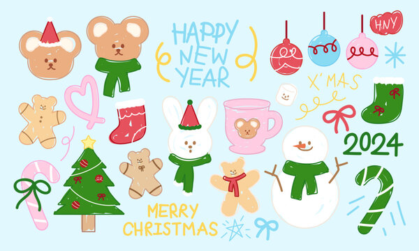 Christmas doodles including Xmas tree, Teddy Bear, Bunny, gingerbread man, ornaments, candy cane, sock, snowman for winter stickers, tattoo, festive icons, cartoon character, comic, mascot, print, ads