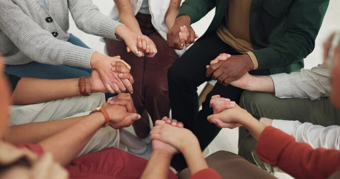 Help, holding hands and people with diversity in therapy with hope, empathy or faith. Solidarity, circle and group in counselling for addiction, mental health or cancer support with trust or kindness