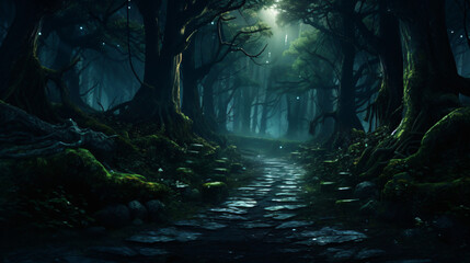 A path in the middle of a dark forest