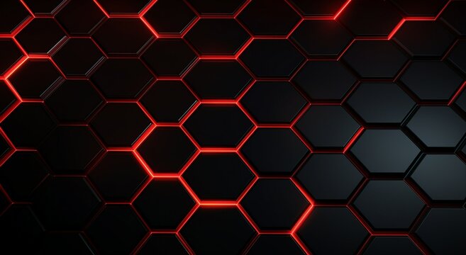 Hexagonal honeycomb shaped glowing red in black tech background modern