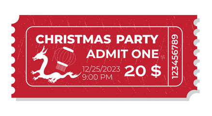 Christmas party ticket template. Retro style ticket design illustration, Chinese New Year - obrazy, fototapety, plakaty