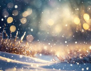 Fototapeta na wymiar Bokeh Magic Dreamy Snowy Landscape with Falling Snow