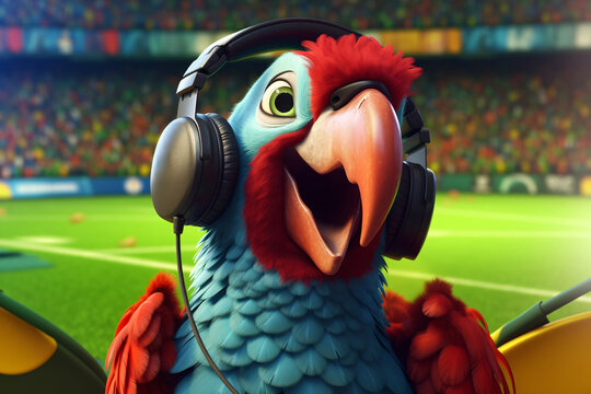 Portrait of a cartoon parrot with headphones and microphone. Parrot commentating on a football match. 3D render
