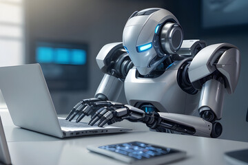 Robot hominoid use laptop. Humanoid typing on laptop.