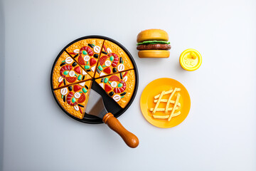 Fresh fruit, vegetables, delicious food, Hamburger and pizza. Colorful educational toys from cute kids.