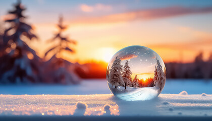 Glass ball on the background of a beautiful winter landscape - obrazy, fototapety, plakaty