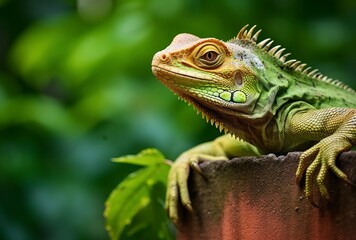 Close-up of an iguana reptile looking over a wall. AI generated Images